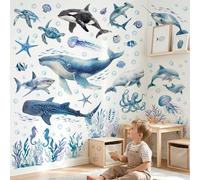 DECOWALL Adhesivo decorativo para pared, diseño de animales oceánicos, acuarela, ballena, tiburón, delfín, animales marinos, para habitación de niños y bebés, extraíble y educativo (SG2-2518)