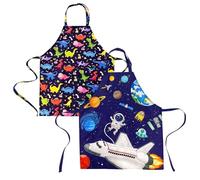 DECOWALL APS-202 Delantal para Niños Paquete de 2 - Dinosaurios Planetas Espaciales para Niñas Cocinas para Niños Pequeños con Bolsillo Delantero para Cocinar Hornear Pintura Arte Correas Impermeable