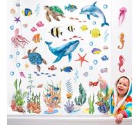 DECOWALL CDS9-9004 Adhesivo decorativo para ventana de animales marinos peces marinos tortugas azules coloridas medusas reutilizable impermeable guardería salón decoración del hogar baño bebé