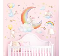 DECOWALL SG2-2313 Nubes y conejos de luna arco iris calcomanías de pared para guardería infantil decoración del hogar arte habitación de bebé niños niñas color sala de juegos habitación de cama lindo
