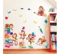 DECOWALL SG2-2402 Libros con pegatinas de pared de mono de lectura, calcomanías inspiradoras extraíbles para niños, biblioteca, aula, guardería, escuela, dormitorio, sala de juegos, decoración de sala