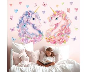 DECOWALL SG2-2412 Dos Grandes Unicornios Adhesivo de Pared Decoración de la Habitación de los Niños Arte del Hogar Rosa Niña Habitación del Bebé Arco Iris Dormitorio Decoración Colorida Animales