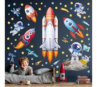 DECOWALL SG2-2416 Cohetes y Astronautas Adhesivo de Pared Espacio Adhesivo de Pared Guardería Decoración del Hogar Niños Bebés Dormitorio Sala de Juegos Estrellas Oscuras Luna Planetas
