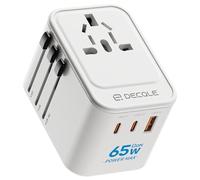 decqle Adaptador Enchufe Universal, Adaptador de Viaje con 2 USB-C(GAN 65W) y 1 USB-A, Adaptador Universal para EU, Reino Unido, Americano, Canadá, Australia& 224+País(Blanco)