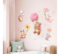 Decvictor Pegatinas de Pared Animales Rosa, Vinilos Decorativos Pared Oso Ardilla Conejo Sosteniendo Flores Volando, Adesivos Paredes Decoración para Dormitorio de Niña Guardería
