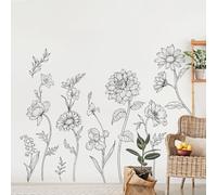 Decvictor Pegatinas de Pared Dibujo Vintage Flor Dalia, Vinilos Decorativos Pared Línea Negra Sencilla Floral, Adesivos Paredes Decoración para Salon Pasillo Oficina Sofá Fondo Muro (W174 * H90 cm)