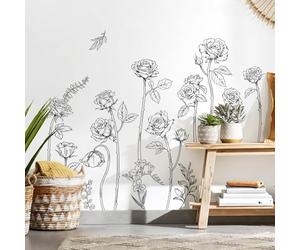 Decvictor Pegatinas de Pared Esbozo Rosa Floral, Vinilos Decorativos Pared Línea Negra Sencilla Floral, Adesivos Paredes Decoración para Salon Pasillo Oficina Sofá Fondo Muro (W174 * H90 cm)