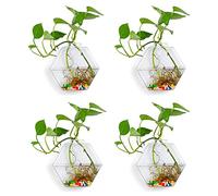 DEDEMCO 4 macetas de cristal para colgar en la pared, 13 x 13,5 cm, propagación de terrario de cristal, jarrones geométricos con forma hexagonal, macetas de aire colgantes para decoración del hogar y