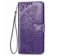 Dedux Flip Funda Xiaomi Redmi Note 8T, Mariposa Relieve Flor Color Rosa Grabados Carcasa Tipo Libro, Ranuras para Tarjetas con Cierre Magnético, Morado Oscuro