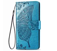 Dedux Flip Soporte Plegable Funda Adecuado para LG K50s, Mariposa en Relieve Flor Color de Rosa y Grabados Carcasa Tipo Libro, de Ranuras para Tarjetas y con Cierre Magnético, Azul