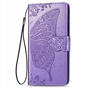 Dedux Flip Soporte Plegable Funda para Motorola Moto G8 Plus, Mariposa Relieve Flor Color Rosa Grabados Carcasa Tipo Libro, Ranuras para Tarjetas Cierre Magnético, Púrpura