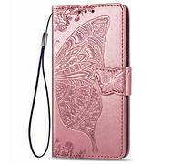 Dedux Flip Soporte Plegable Funda para Motorola Moto G8 Plus, Mariposa Relieve Flor Color Rosa Grabados Carcasa Tipo Libro, Ranuras para Tarjetas Cierre Magnético, Oro Rosa