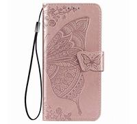 Dedux Flip Soporte Plegable Funda para OPPO Find X3 Lite, Mariposa en Relieve Flor Color de Rosa y Grabados Carcasa Tipo Libro, de Ranuras para Tarjetas y con Cierre Magnético, Oro Rosa