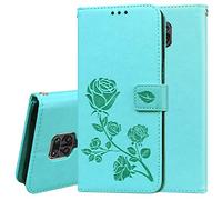 Dedux Flip Soporte Plegable Funda para Xiaomi Redmi Note 9S/9 Pro/9 Pro MAX, Hoja y Rosa en Relieve Grabados Carcasa Tipo Libro, de Ranuras para Tarjetas y con Cierre Magnético, Verde