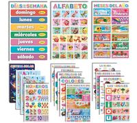 DeeDee's Workshop 16 pósteres de aula de español, aprendizaje de español para niños, abecedario para niños en español, días de la semana y calendario