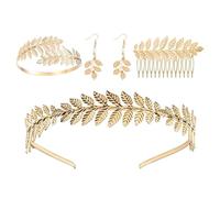 deegbbyi 4 Piezas Diosa Griega Accesorios, Estilo Bohemio, Romano Laurel Hojas Corona Tiara, Peine del Pelo, Brazaletes Brazo Superior, Pendientes, Ideal para Niñas y Mujeres
