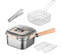 Deep Fryer Pan Set, Portable Fish Fryer with Oil Drip Rack, Stainless Steel Outdoor Stove Top Cooking Utensils for Camping, Picnic, Garden BBQ, Friend Gatherings, Family Parties, 35x20.5x11.5cm