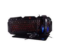 Deep Gaming X-Wing Setup Gaming 4 en 1: Teclado Membrana QWERTY con Ñ retroiluminado, ratón óptico LED 2400 dpi, Auriculares Gamer con micrófono, Alfombrilla Antideslizante. PC/Xbox One/PS4, Negro