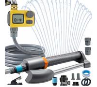 Deepoter Aspersor Oscilante Temporizador Riego 10m Manguera 3 en 1 Kit | Quick Connect 20 Boquillas IP55 Pantalla LCD Conector Latón , Aspersor Jardín para Riego de Céspedes y Jardines