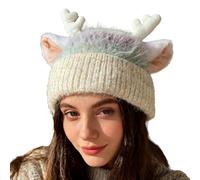 Deer Antler Hat, Cute Warm Knit Gear Festive Antler Design Long Tail, Costume Headwear Main Feature, Winter Holiday Accessory Category Usage For Christmas Halloween Party Adults Youth Kids Women