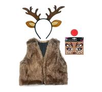 Deer Costume Set - 4 Pcs with Faux Vest & Reindeer Antlers Headband | Cute Costume Accessories for Women Adults Halloween Cosplay - Christmas Birthday Party Fancy Dress Polyester