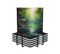 Deer in The Forest - Juego de 6 posavasos cuadrados de cerámica de estilo moderno para mesa de café para protección de mesa y decoración del hogar