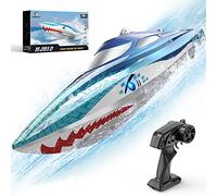 DEERC Barco teledirigido con luz LED, barco de tiburón teledirigido para piscinas y lagos, 20+ km/h RC, barcos de carreras de 2,4 GHz, juguete de piscina para niños a partir de 8 años