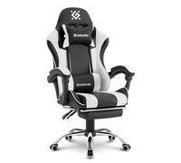 Defender Tios - Silla para videojuegos con reposapiés, piel sintética, respaldo de 135°, base de metal, hasta 120 kg, color negro y blanco