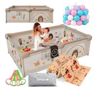 DeFieltro Parque Infantil Bebe del Bosque 150x180 - Corralito Bebe con Malla de Animales Transpirable Alfombra Acolchada +60 BOLAS +4 Anillas - Corral Plegable Baby ANTIDESLIZANTE (150 x 180, Bosque)