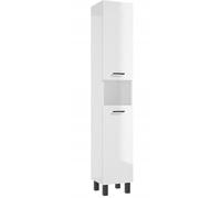 .Deftrans - Armario alto para cuarto de baño - Armario de baño estrecho de 30 cm de ancho, color blanco brillante, de pie sobre patas negras, 174 x 30 x 28 cm, 2 puertas y compartimento abierto, asas