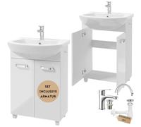 .Deftrans Lavabo con armario bajo juego de muebles de baño, 85 x 60 x 40 cm, blanco brillante, armario para debajo del lavabo con lavabo y grifo con conector de clic, armario para baño