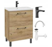 .Deftrans Armario para Debajo del Lavabo de 60 x 80 cm con Lavabo - Mueble bajo baño Roble Craft de pie con 2 cajones de Cierre Suave, Mueble de baño con Grifo de Lavabo