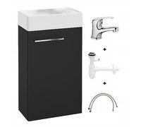 .Deftrans Domodomo - Armario de baño con Lavabo - 40 x 60 x 21,3 cm - Juego de Lavabo de cerámica - Armario de Pared para baño pequeño (Negro + Kit de grifería de Lavabo)