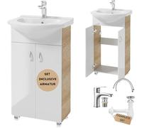 .Deftrans Domodomo Armario de baño con lavabo, 80 x 50 x 26 cm, armario de lavabo blanco, juego de lavabo, armario de pie para baño pequeño, grifo de lavabo, sifón, clic clac