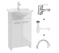 Deftrans Domodomo Armario de baño con lavabo, 85 x 45 x 26 cm, armario de cerámica blanco, armario de pie para baño pequeño (juego de grifo de lavabo + sifón)