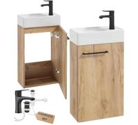 Deftrans Domodomo Armario de baño con lavabo, 40 x 60 x 21,3 cm, juego de cerámica, armario de pared para baño pequeño (roble + grifo de lavabo negro)