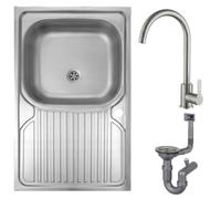 Deftrans - Fregadero de cocina de 80 x 60 cm de acero inoxidable con escurridor, juego completo con grifo, fregadero con grifo y sifón, fregadero de acero inoxidable para 80 cm