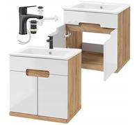 .Deftrans - Juego de lavabo con armario de 50 cm - Mueble de baño colgante para invitados - Armario bajo lavabo pequeño con armario, grifo, desagüe y sifón de clic-clac - Roble/Blanco brillante