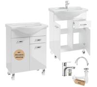 Deftrans Juego de muebles de baño con armario de pie, 85 x 65 x 30 cm, blanco brillante, armario bajo lavabo con lavabo y grifo