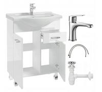 Deftrans Juego de muebles de baño con armario de pie, 85 x 65 x 30 cm, blanco brillante, armario bajo lavabo con lavabo y grifo