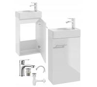 .Deftrans - Lavabo con armario bajo 60 x 40 cm blanco brillante - colgante - Juego de lavabo para invitados con grifo, sifón y desagüe - Muebles de baño para baños pequeños