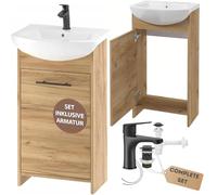 Deftrans Lavabo con Armario Bajo en Roble de 46,5 x 24,5 x 84 cm, Incluye Grifo de 45 cm para Invitados