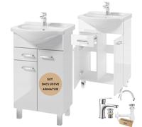 .Deftrans Lavabo con armario bajo juego de muebles de baño, 85 x 55 x 30 cm, blanco brillante, armario bajo lavabo con lavabo y grifo con conector de clic, armario para lavabo de baño