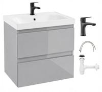 .Deftrans - Lavabo con armario de 60 cm colgante gris brillante - Juego de lavabo de baño con lavabo de cerámica - Lavabo con armario bajo completo con grifo negro