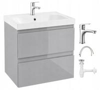 .Deftrans - Lavabo con armario de 60 cm gris brillante - Juego completo de lavabo de baño con lavabo de cerámica - Lavabo con armario bajo colgante con grifo cromado