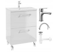 .Deftrans - Mueble con Lavabo 60 x 40 x 84 cm - Mueble bajo con Lavabo, Grifo y sifón - De pie en Blanco Alto Brillo con cajones