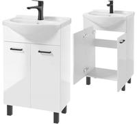 .Deftrans - Mueble de baño con armario de 55 cm blanco brillante - lavabo pequeño con armario de pie - mueble de baño para pequeños baños invitados - Juego de lavabo de baño con lavabo de cerámica