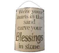 degawo Placa de metal con texto en inglés "Write Your Hurts in The Sand...", decoración de pared de metal con cinta para colgar, curvada, 29,8 x 21 cm, decorativa e inspiradora para el hogar o como