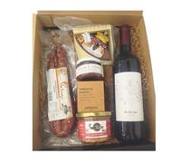 DEGUSTA TERUEL. Cesta Gourmet para Regalo con Vino tinto joven, Longaniza de Aragón, Pimientos asados, Paté de olivas negras, Cuña de queso de oveja curado y Rilletes de Pato