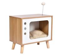 Dehner Casa para gatos Buya, casa para gatos Interior/Elegante, cabaña para gatos, Incluye cojín, Aprox. 48 x 43 x 28 cm, Madera/felpa, Blanco/marrón